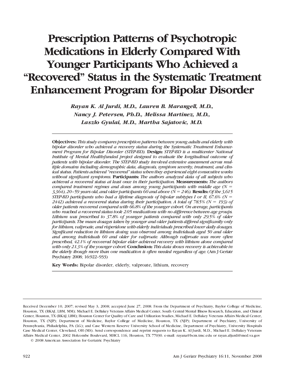 Prescription Patterns of Psychotropic Medications in Elderly Compared With Younger Participants Who Achieved a “Recovered” Status in the Systematic Treatment Enhancement Program for Bipolar Disorder