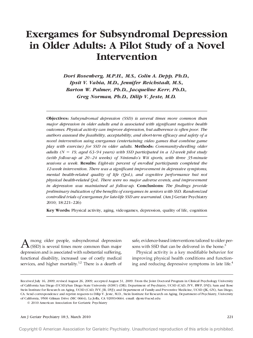 Exergames for Subsyndromal Depression in Older Adults: A Pilot Study of a Novel Intervention