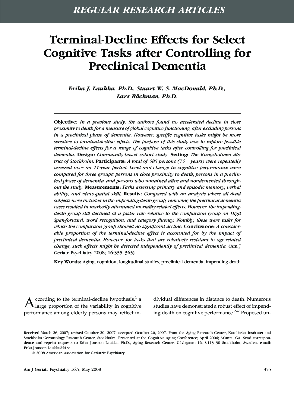 Terminal-Decline Effects for Select Cognitive Tasks after Controlling for Preclinical Dementia