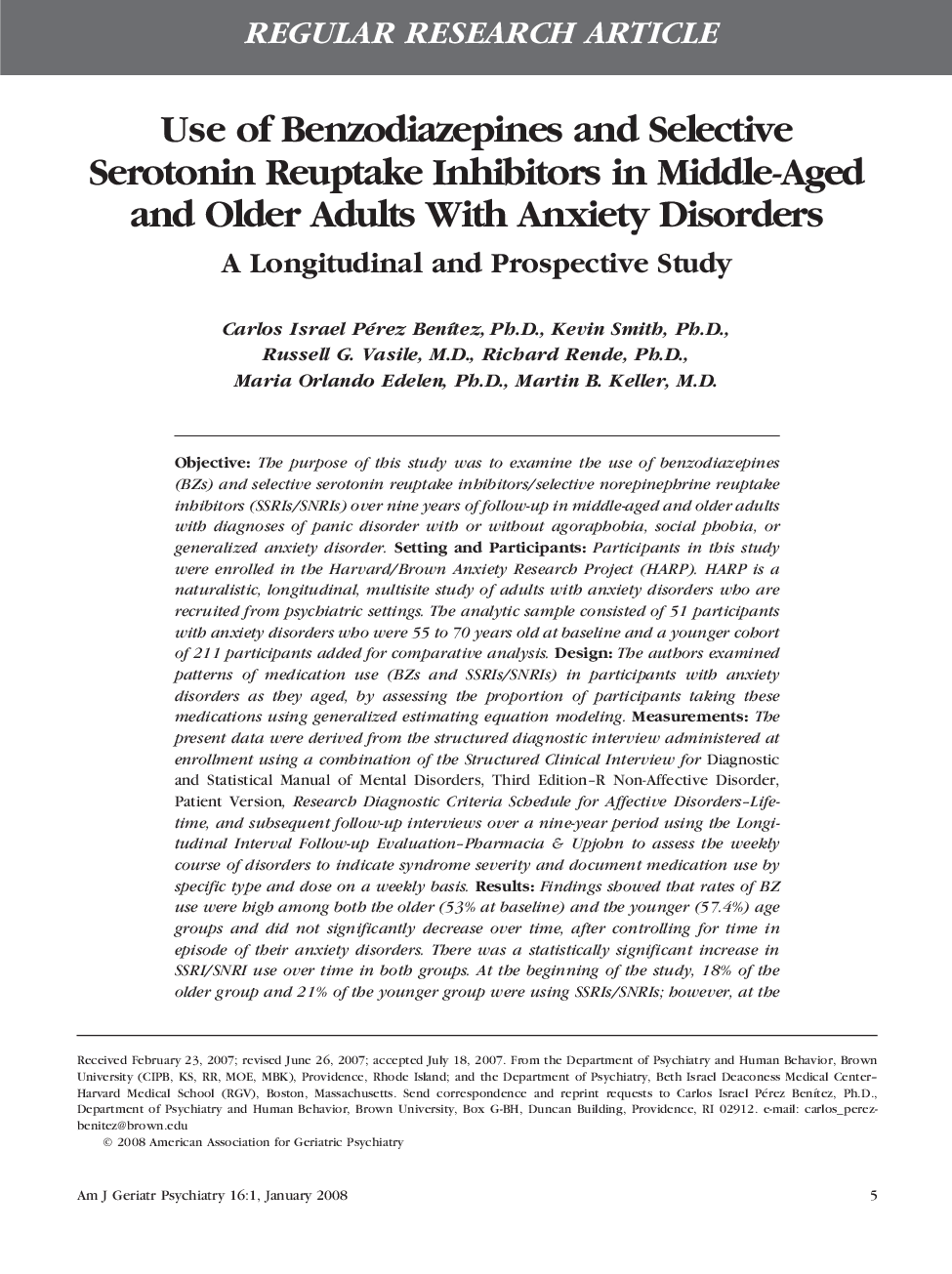 Use of Benzodiazepines and Selective Serotonin Reuptake Inhibitors in Middle-Aged and Older Adults With Anxiety Disorders: A Longitudinal and Prospective Study