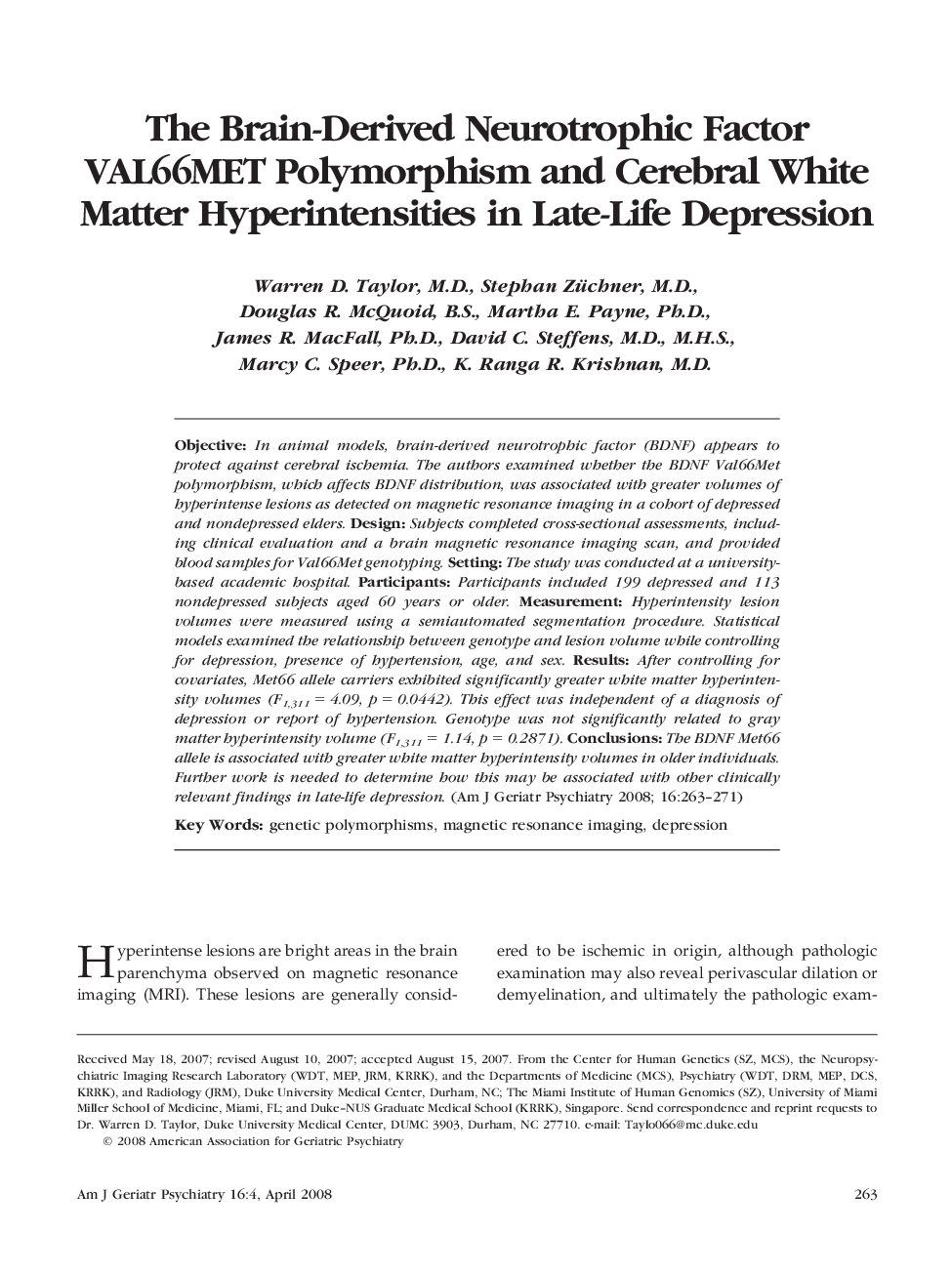 The Brain-Derived Neurotrophic Factor VAL66MET Polymorphism and Cerebral White Matter Hyperintensities in Late-Life Depression