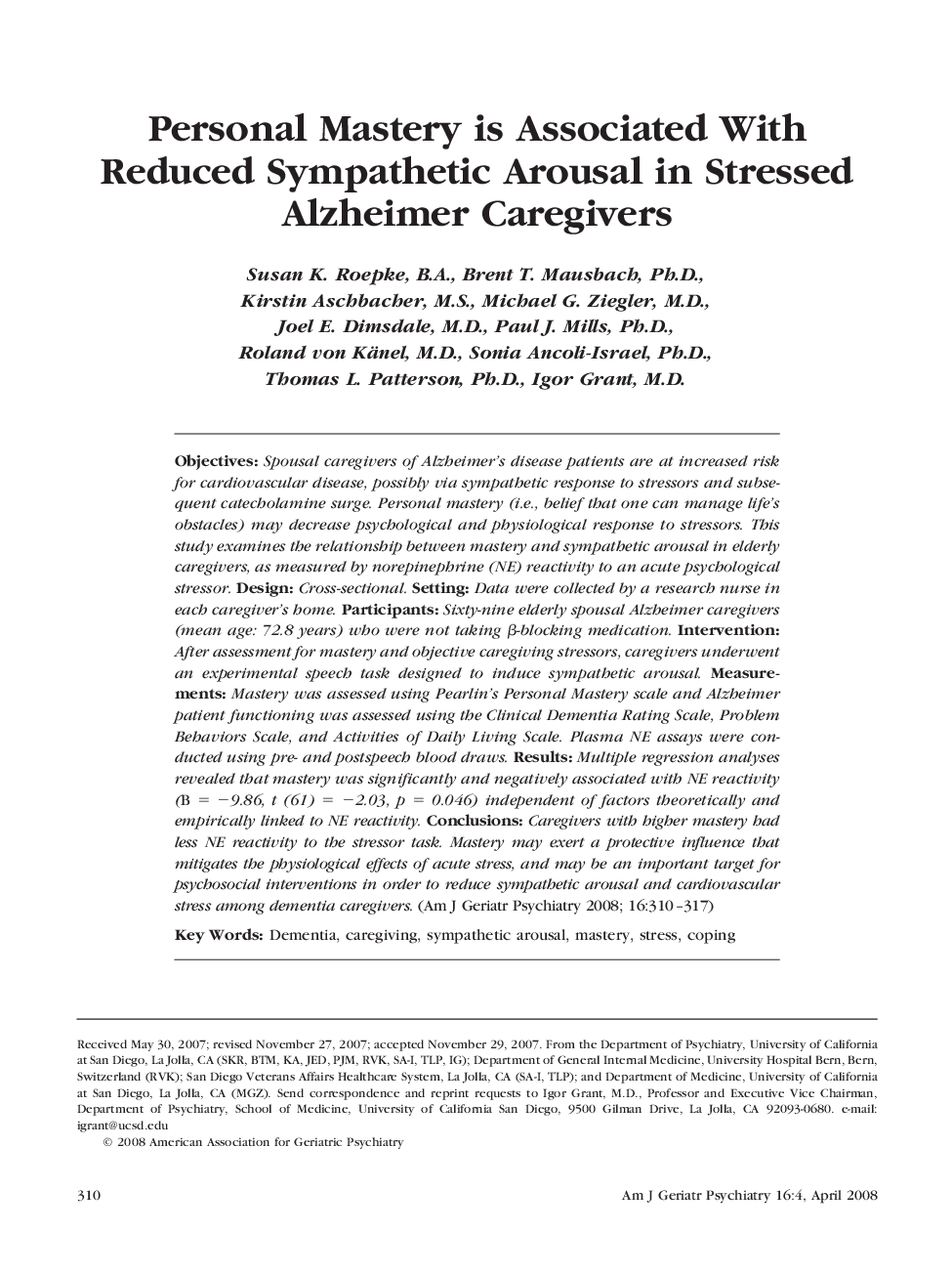 Personal Mastery is Associated With Reduced Sympathetic Arousal in Stressed Alzheimer Caregivers