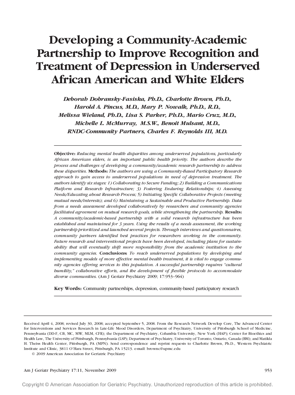 عکس صفحه اول مقاله: Developing a Community-Academic Partnership to Improve Recognition and Treatment of Depression in Underserved African American and White Elders Developing a Community-Academic Partnership to Improve Recognition and Treatment of Depression in Underserved African American and White Elders
