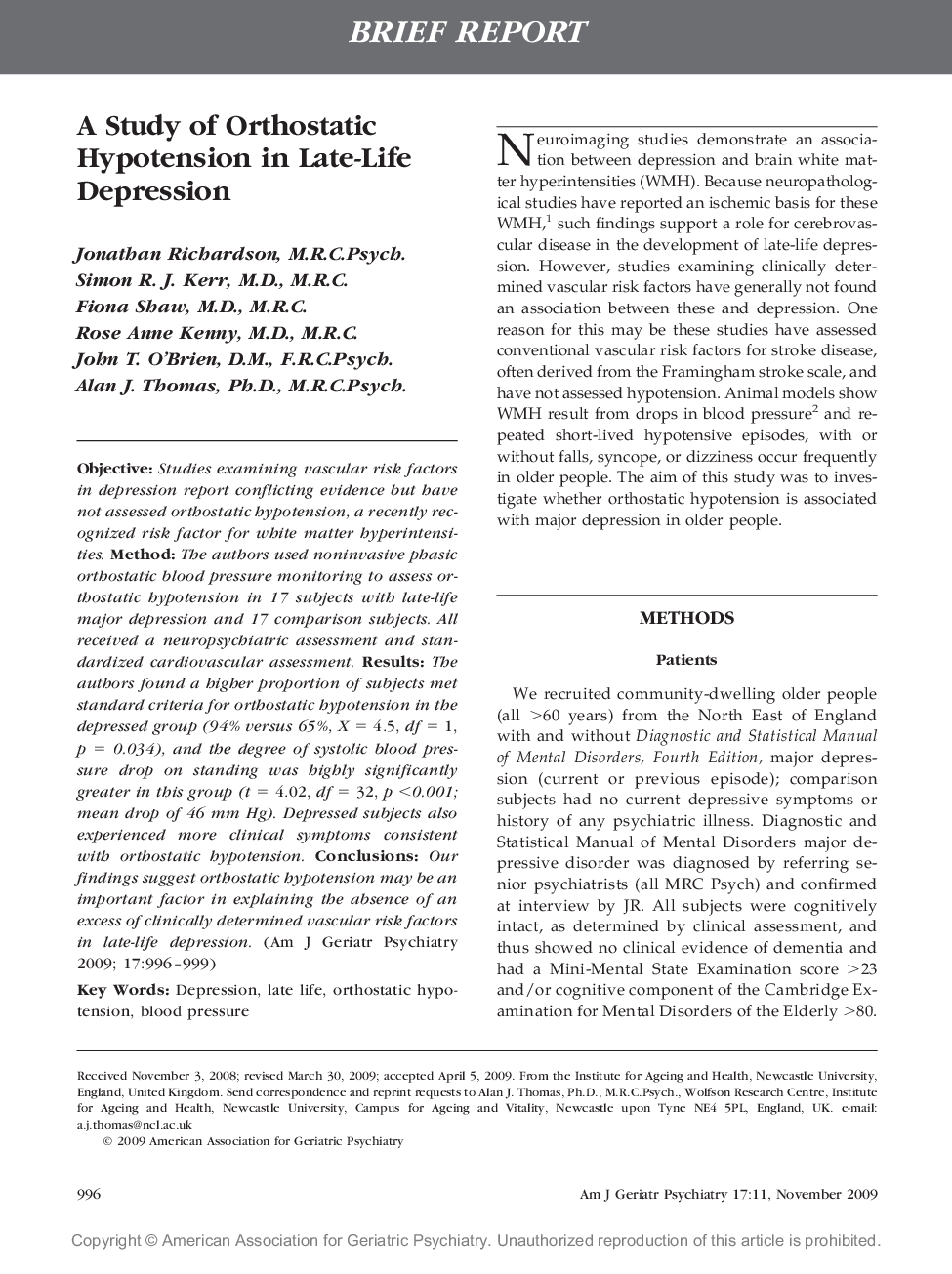 A Study of Orthostatic Hypotension in Late-Life Depression