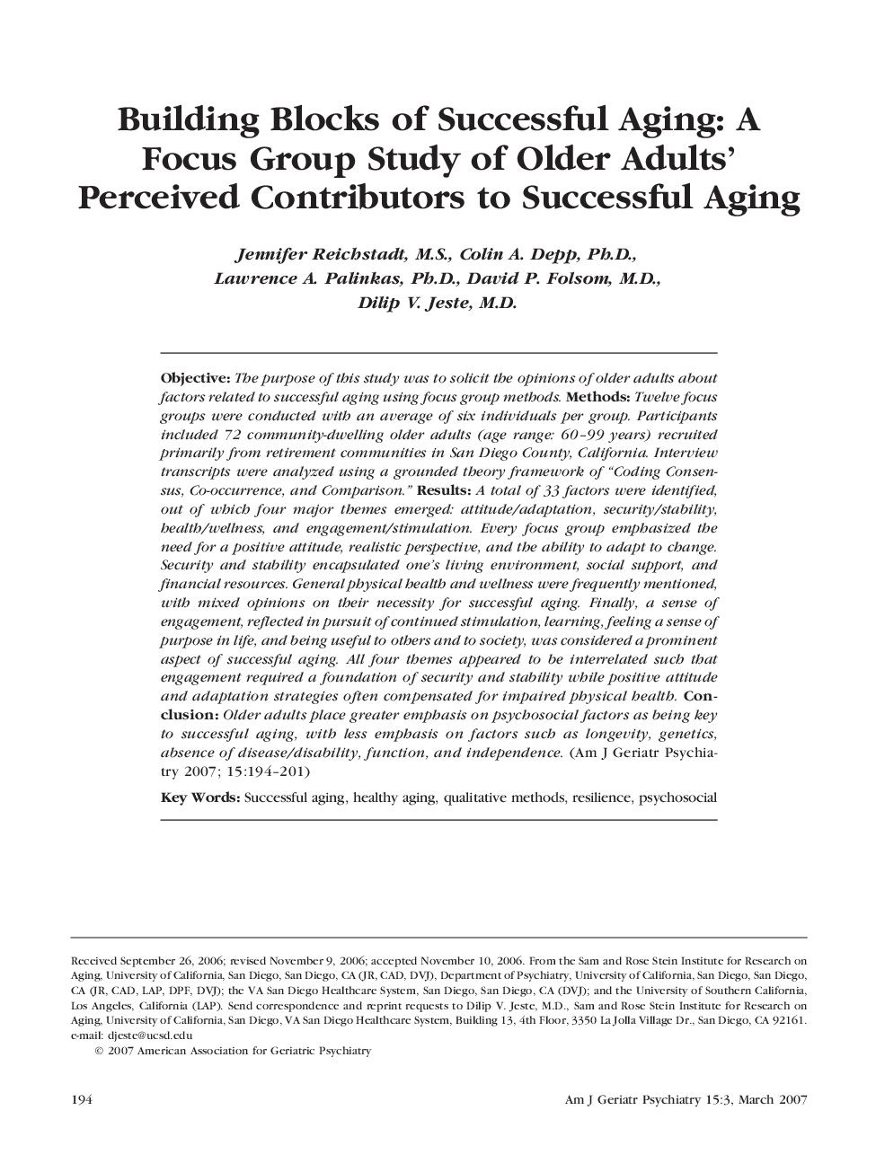 Building Blocks of Successful Aging: A Focus Group Study of Older Adults' Perceived Contributors to Successful Aging