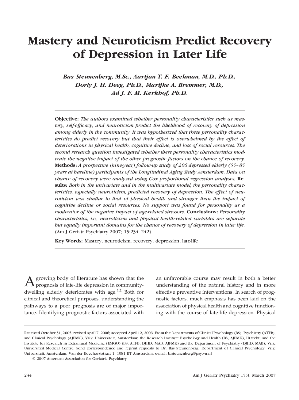 Mastery and Neuroticism Predict Recovery of Depression in Later Life