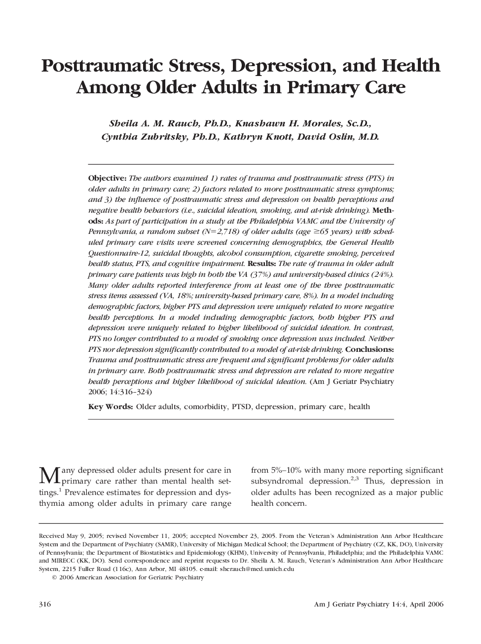 Posttraumatic Stress, Depression, and Health Among Older Adults in Primary Care