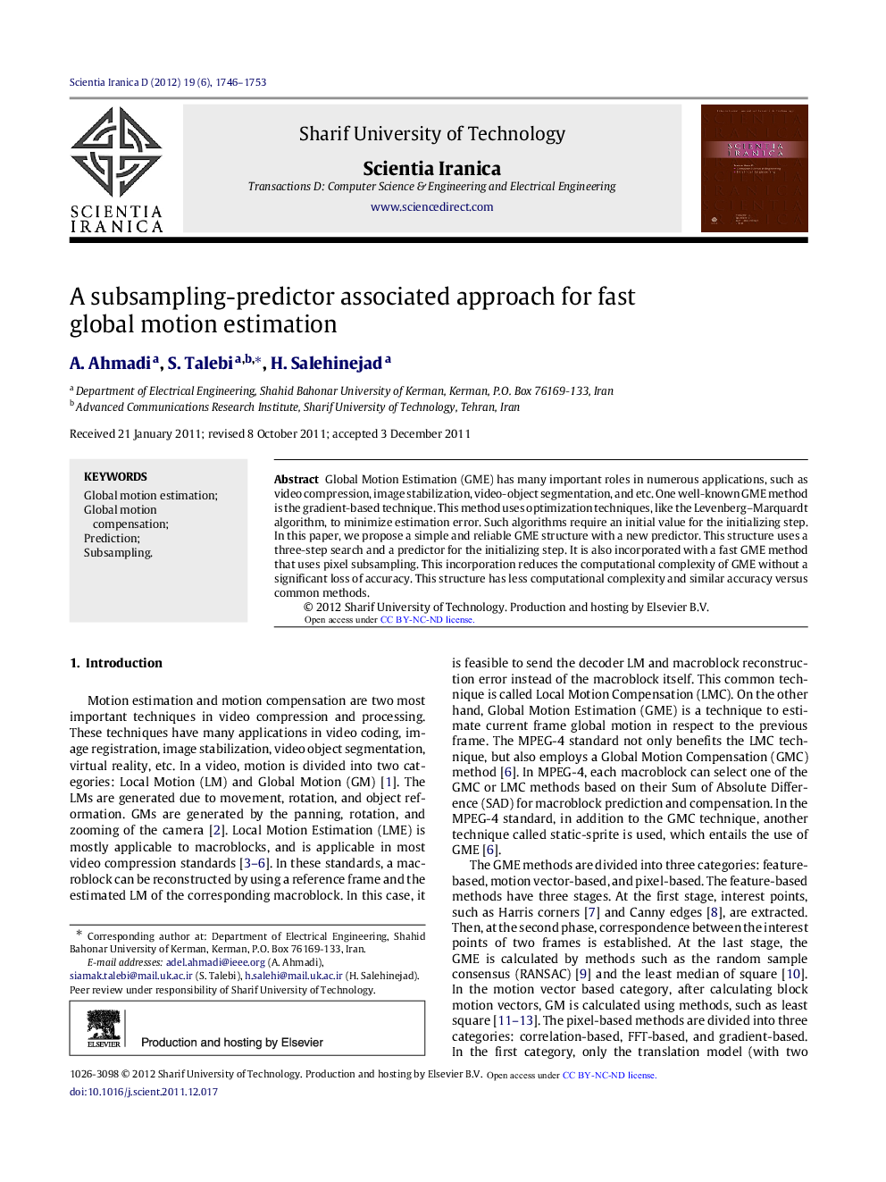 A subsampling-predictor associated approach for fast global motion estimation 