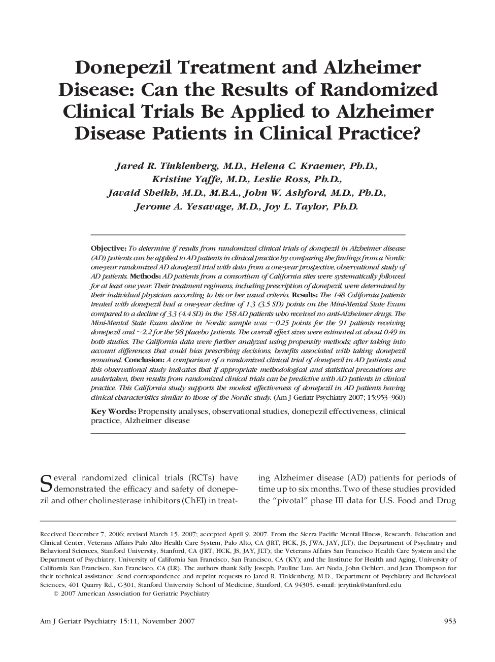 Donepezil Treatment and Alzheimer Disease: Can the Results of Randomized Clinical Trials Be Applied to Alzheimer Disease Patients in Clinical Practice?