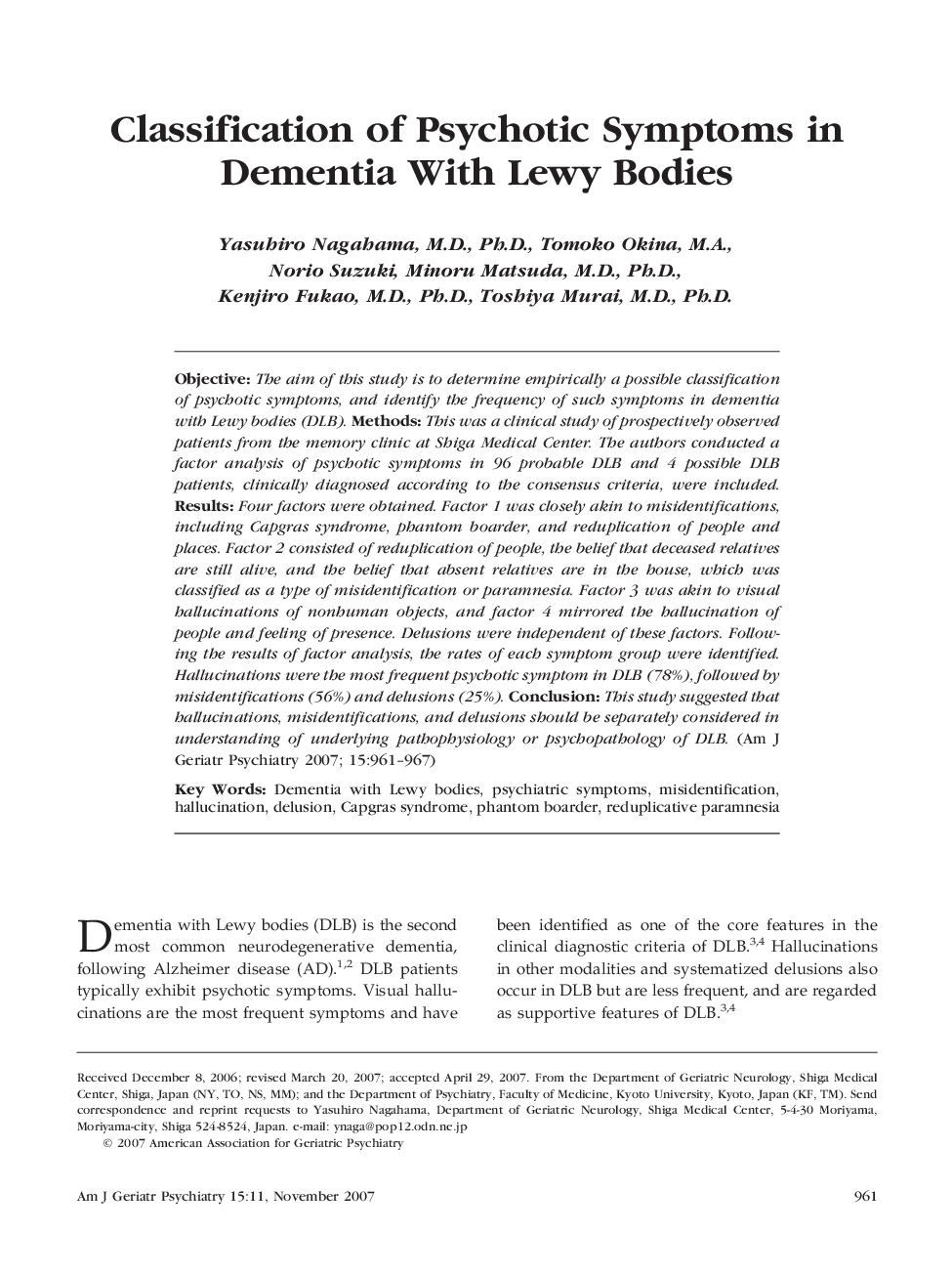 Classification of Psychotic Symptoms in Dementia With Lewy Bodies