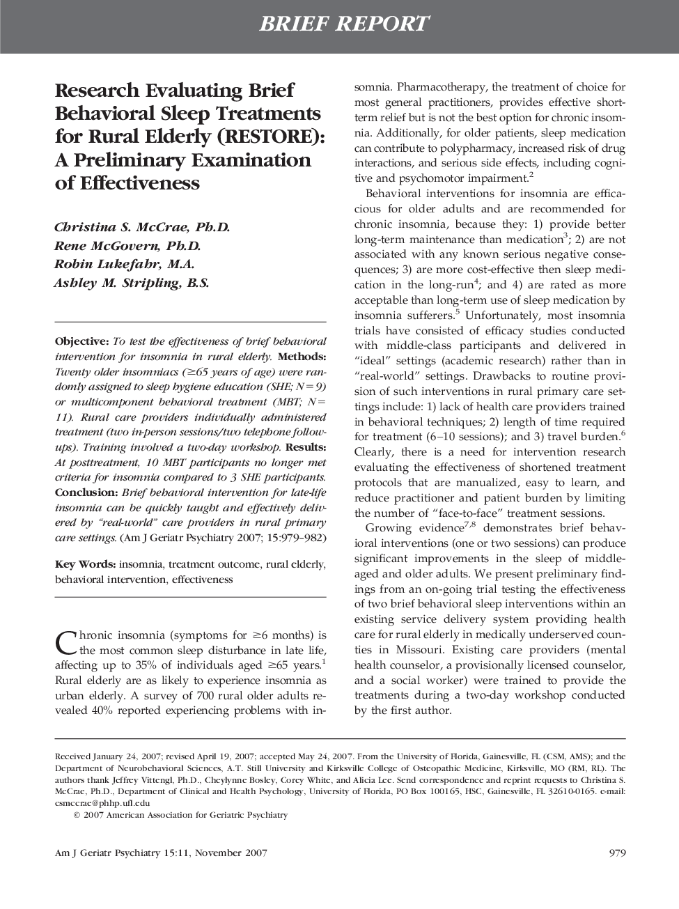 Research Evaluating Brief Behavioral Sleep Treatments for Rural Elderly (RESTORE): A Preliminary Examination of Effectiveness