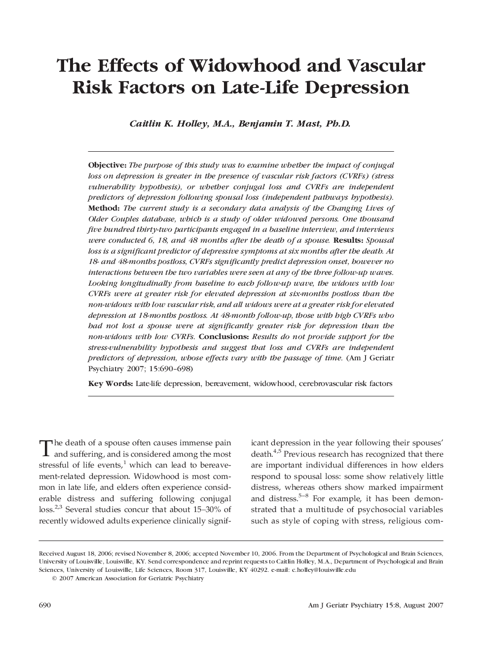 The Effects of Widowhood and Vascular Risk Factors on Late-Life Depression