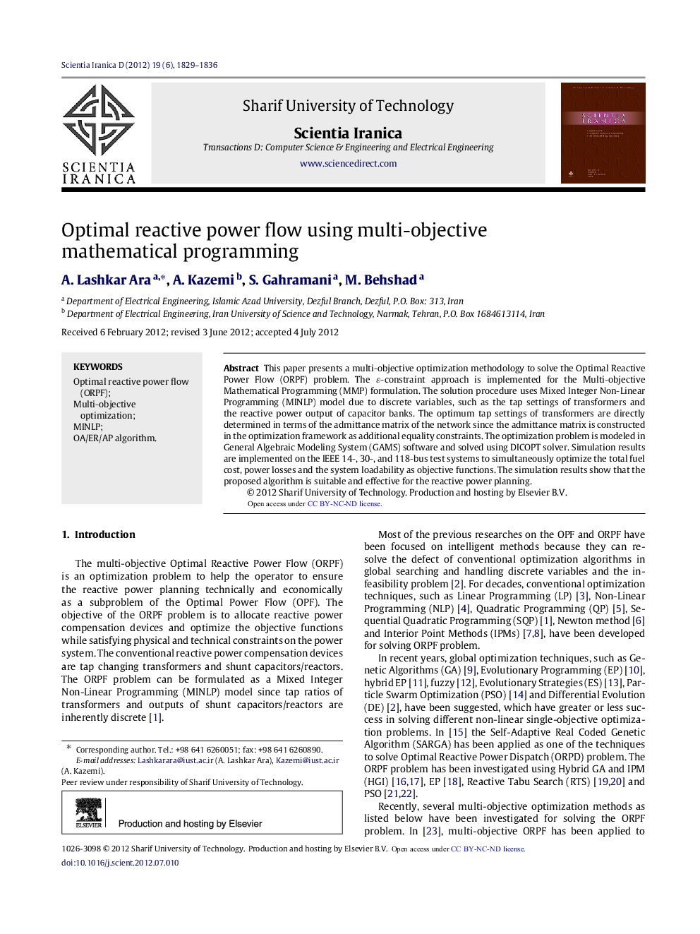 عکس صفحه اول مقاله: Optimal reactive power flow using multi-objective mathematical programming Optimal reactive power flow using multi-objective mathematical programming