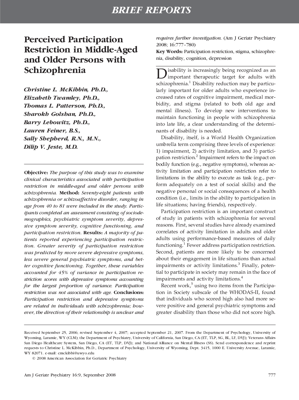 Perceived Participation Restriction in Middle-Aged and Older Persons with Schizophrenia