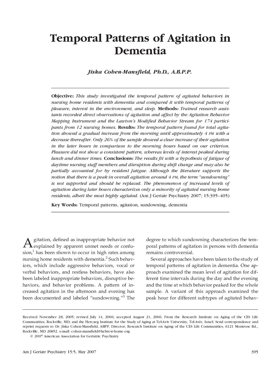 Temporal Patterns of Agitation in Dementia