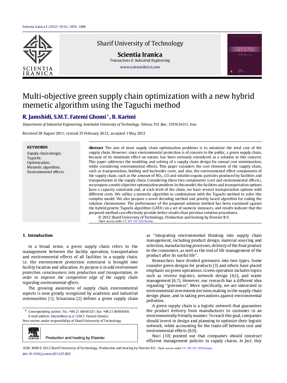 Multi-objective green supply chain optimization with a new hybrid memetic algorithm using the Taguchi method 