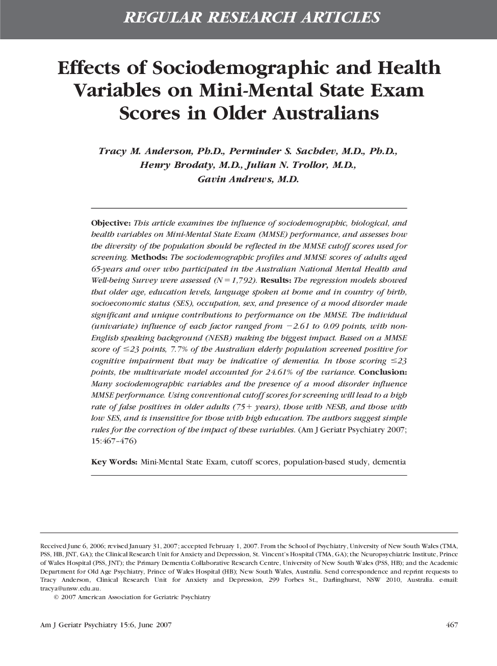 Effects of Sociodemographic and Health Variables on Mini-Mental State Exam Scores in Older Australians