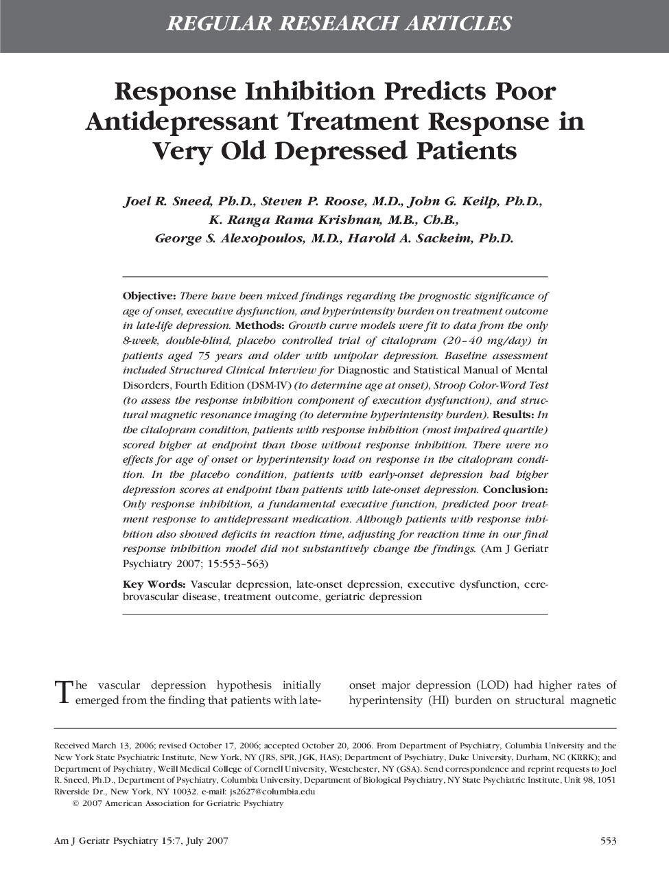 Response Inhibition Predicts Poor Antidepressant Treatment Response in Very Old Depressed Patients