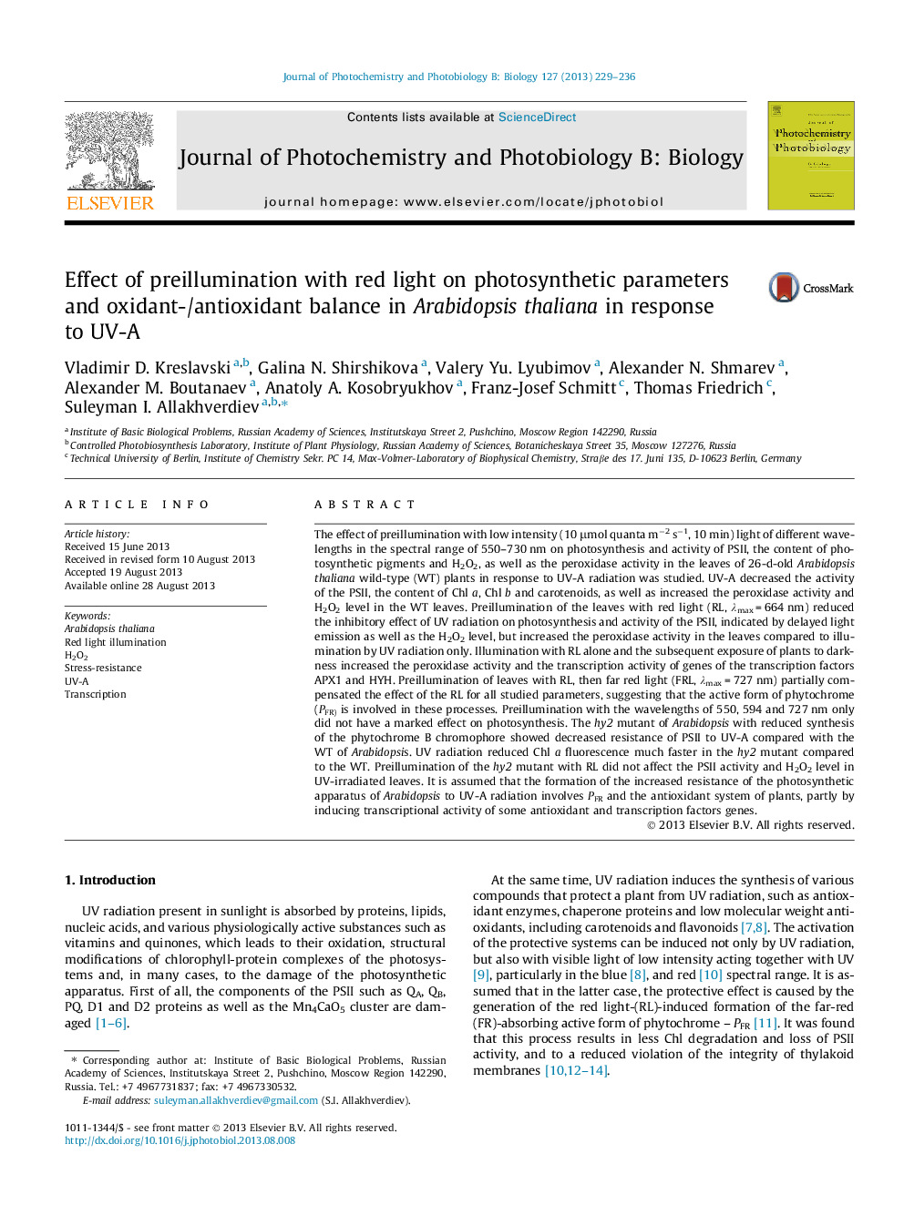 Effect of preillumination with red light on photosynthetic parameters and oxidant-/antioxidant balance in Arabidopsis thaliana in response to UV-A