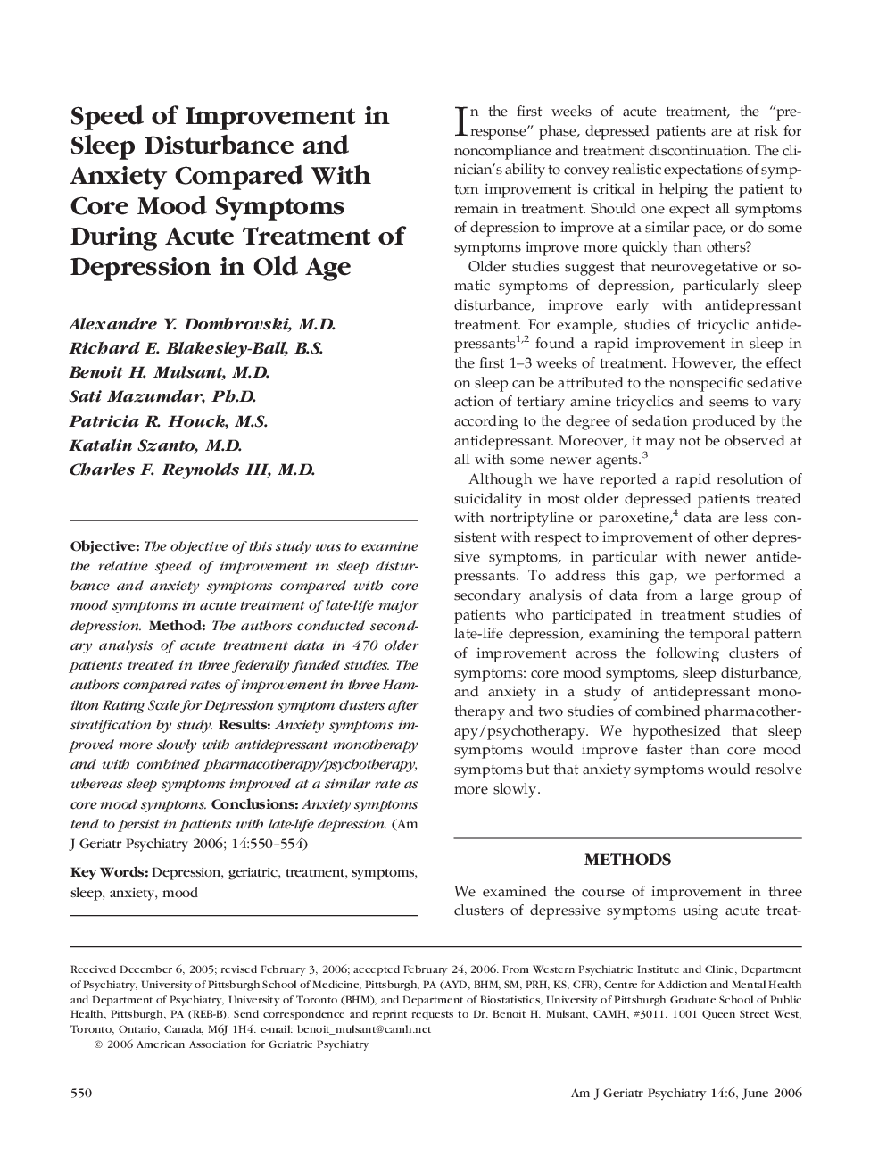 Speed of Improvement in Sleep Disturbance and Anxiety Compared With Core Mood Symptoms During Acute Treatment of Depression in Old Age