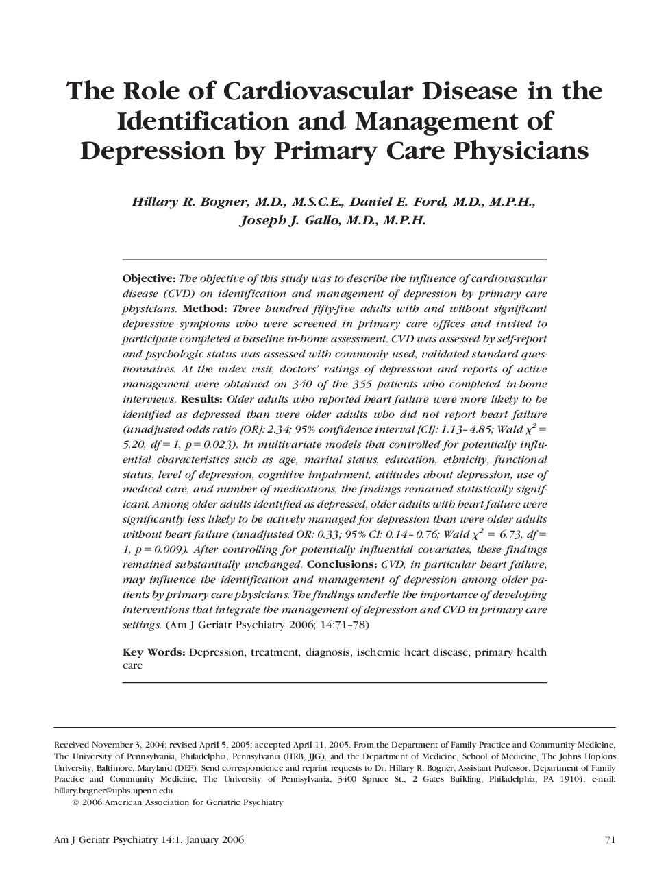 The Role of Cardiovascular Disease in the Identification and Management of Depression by Primary Care Physicians