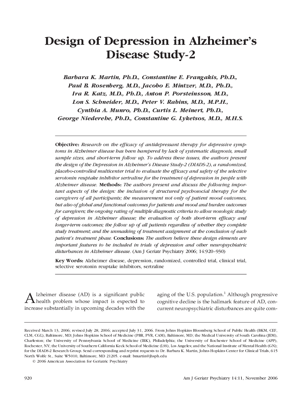 Design of Depression in Alzheimer's Disease Study-2