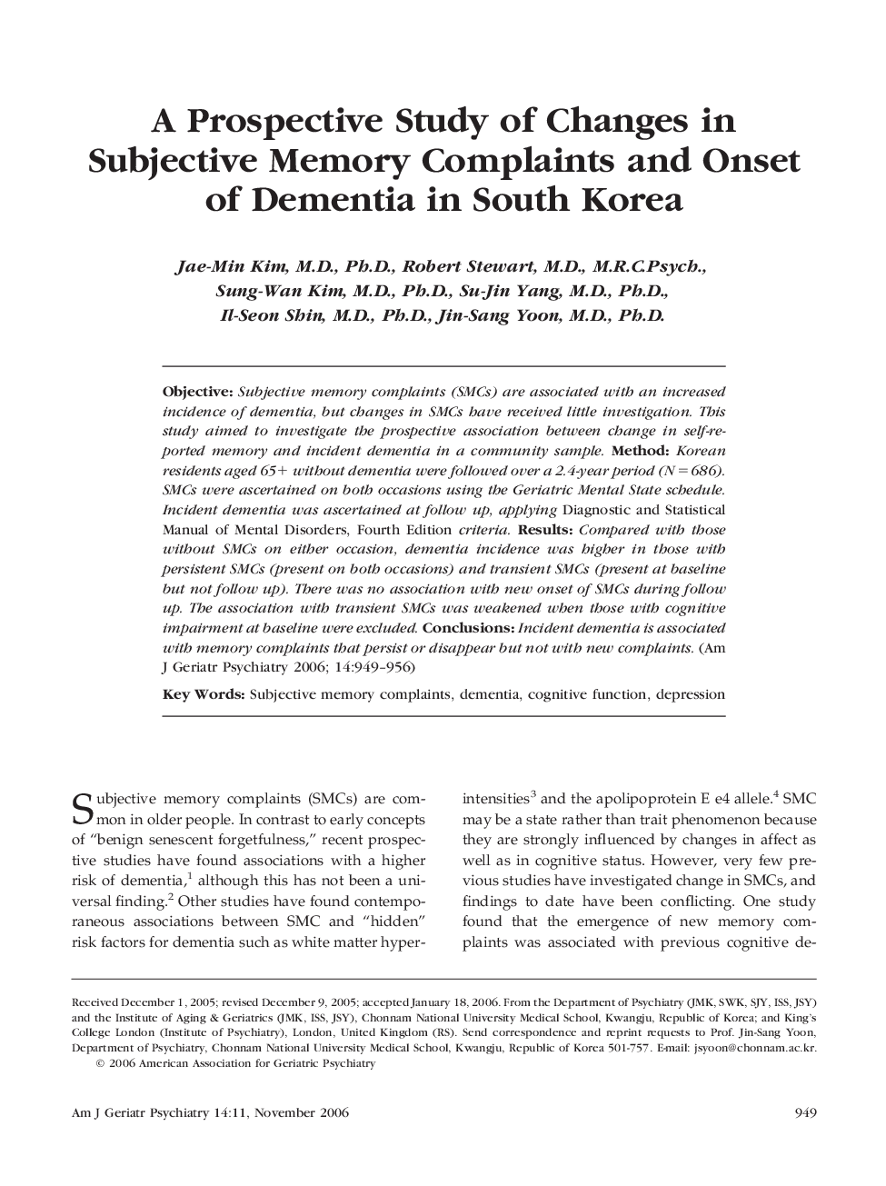 A Prospective Study of Changes in Subjective Memory Complaints and Onset of Dementia in South Korea