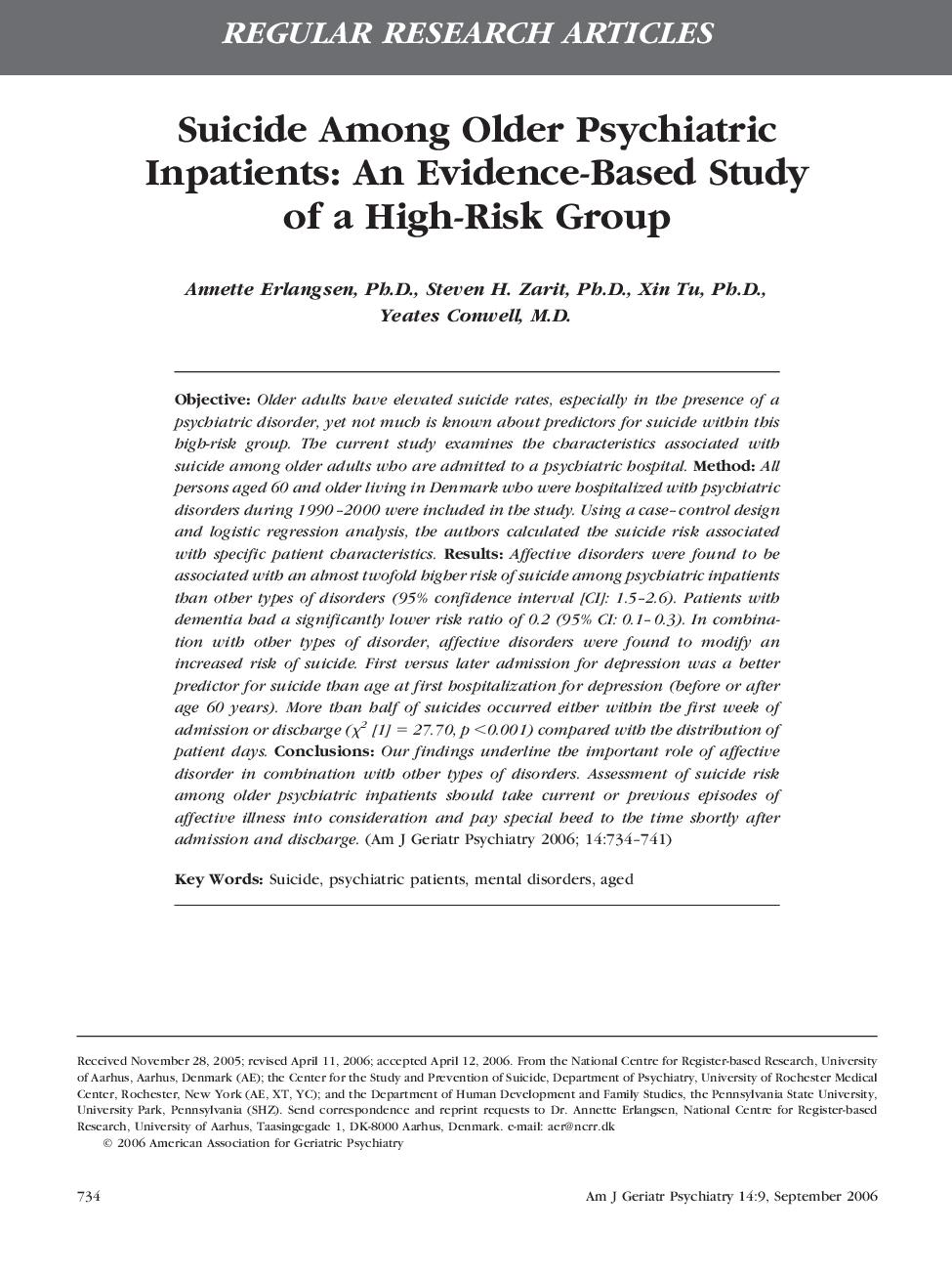 Suicide Among Older Psychiatric Inpatients: An Evidence-Based Study of a High-Risk Group