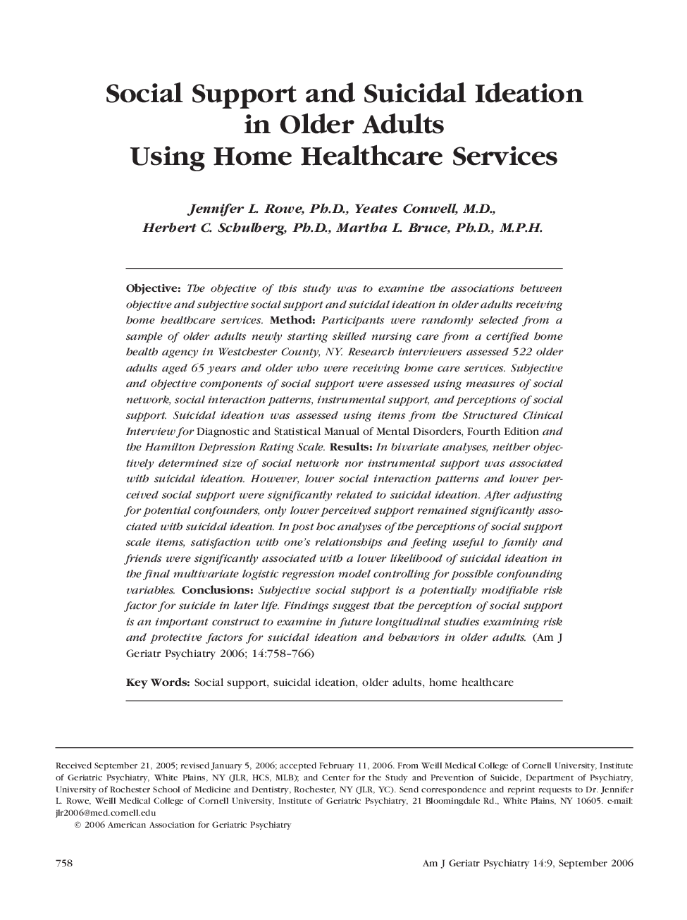 Social Support and Suicidal Ideation in Older Adults Using Home Healthcare Services