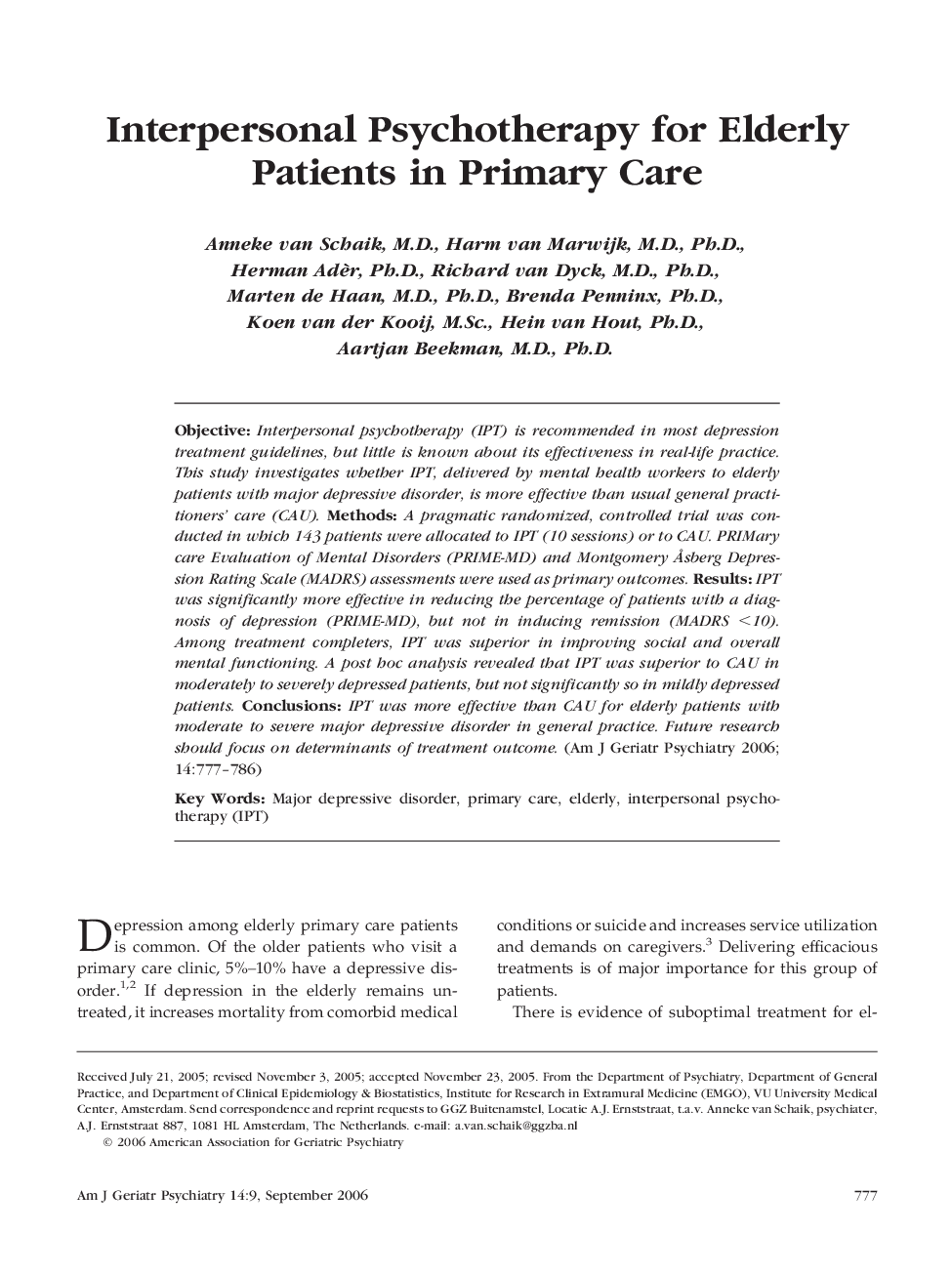 Interpersonal Psychotherapy for Elderly Patients in Primary Care