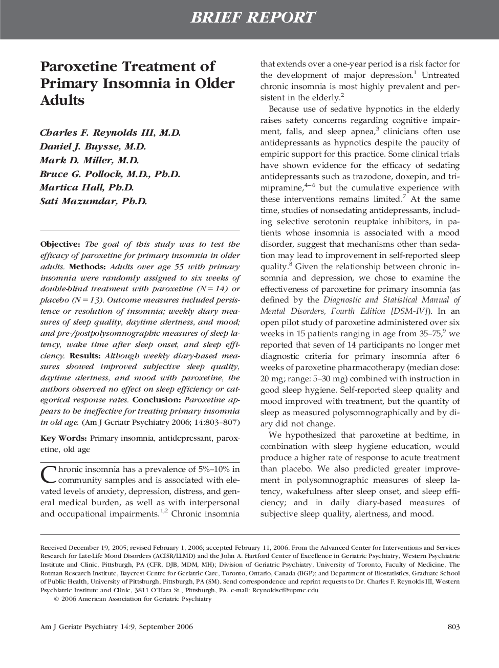 Paroxetine Treatment of Primary Insomnia in Older Adults