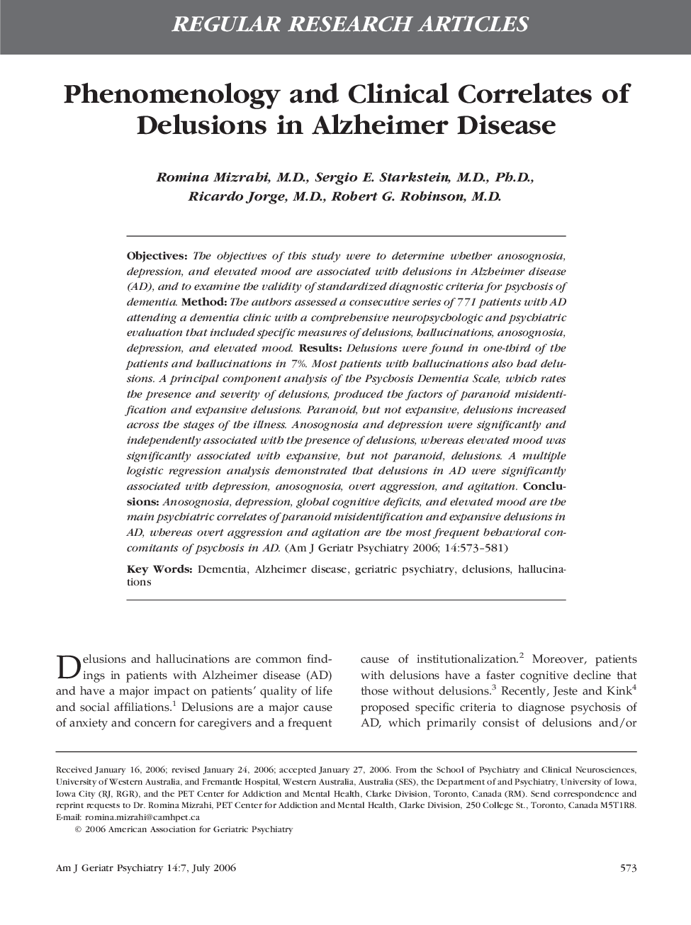 Phenomenology and Clinical Correlates of Delusions in Alzheimer Disease