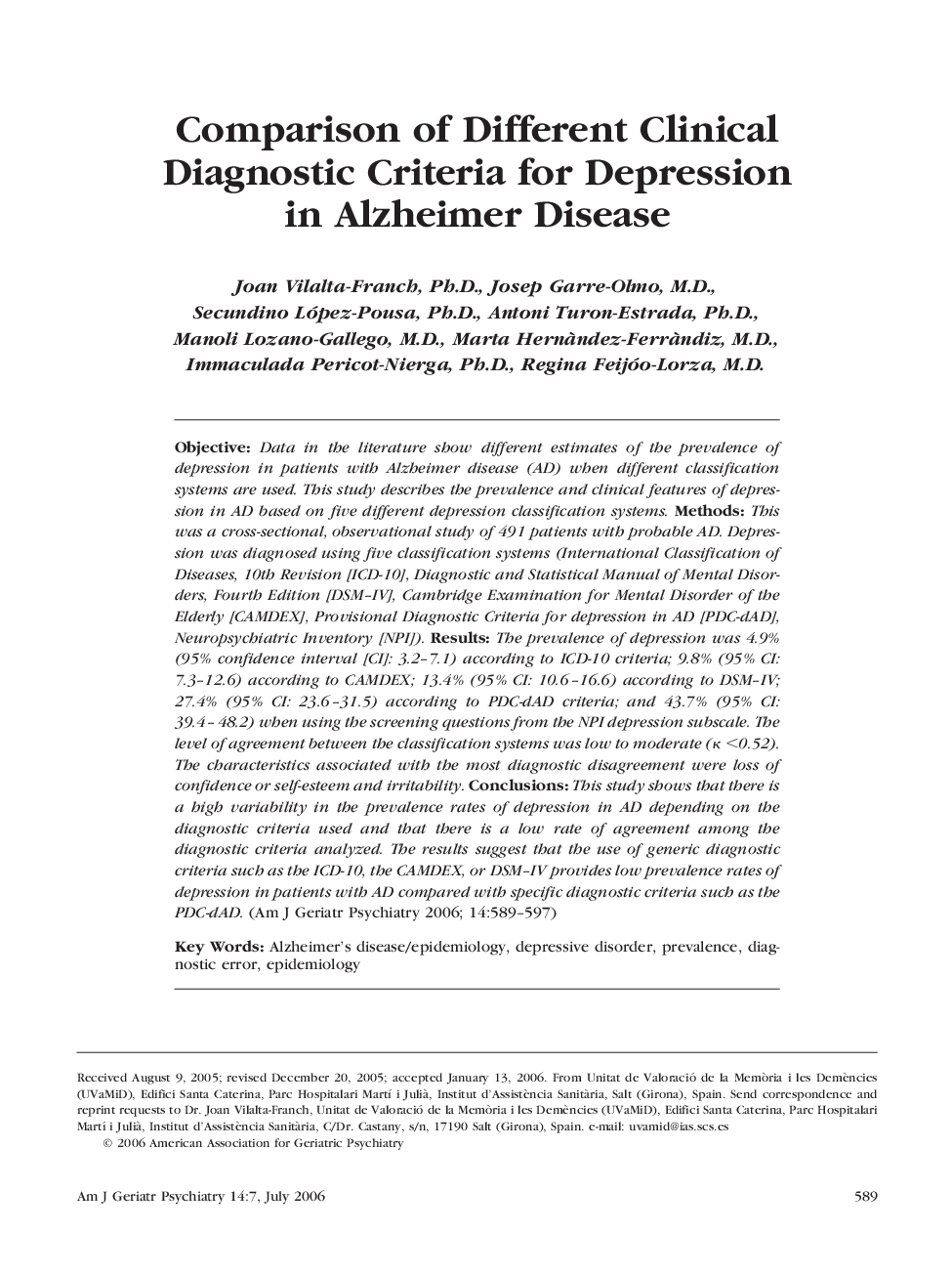 Comparison of Different Clinical Diagnostic Criteria for Depression in Alzheimer Disease