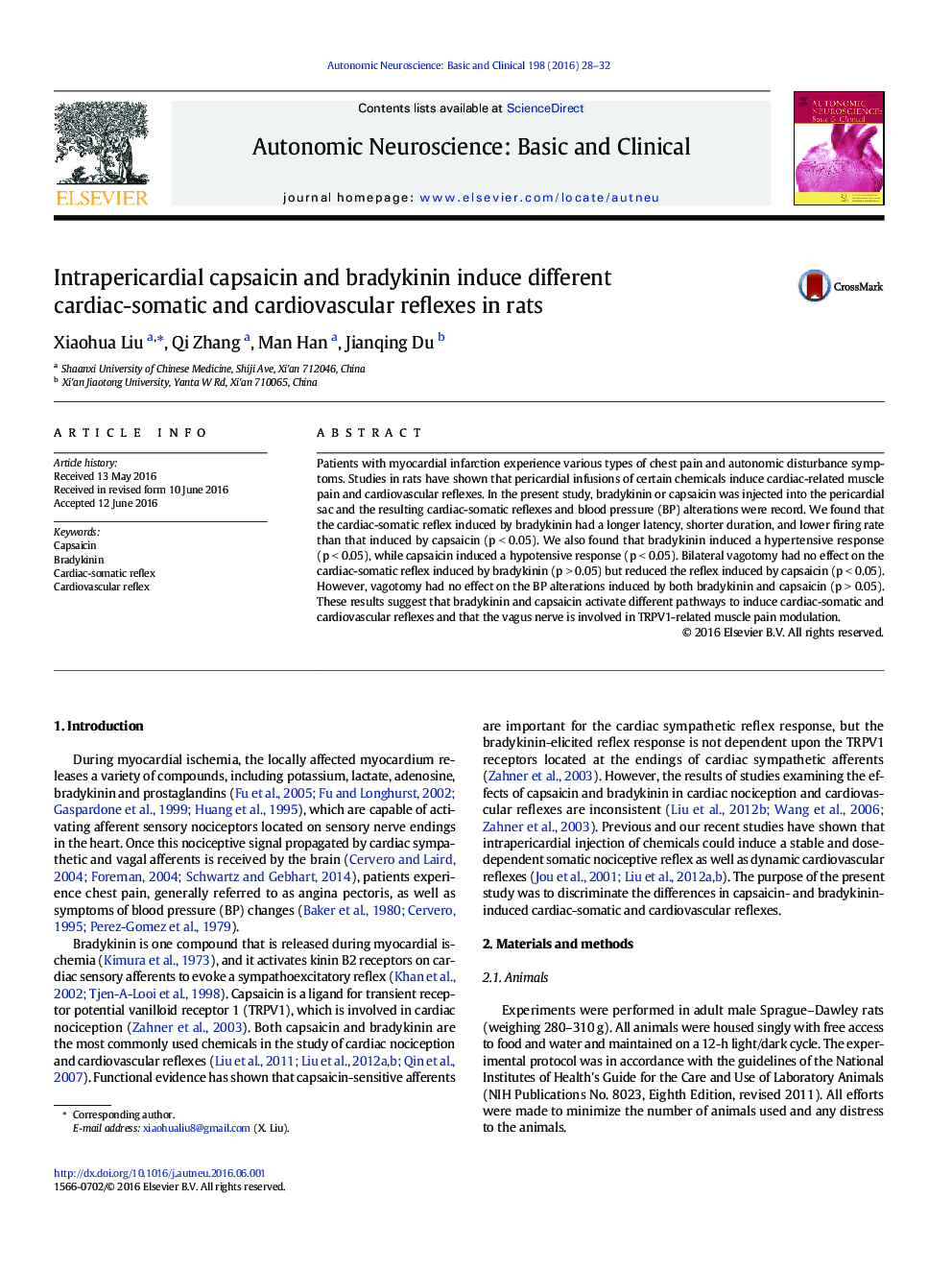 Intrapericardial capsaicin and bradykinin induce different cardiac-somatic and cardiovascular reflexes in rats