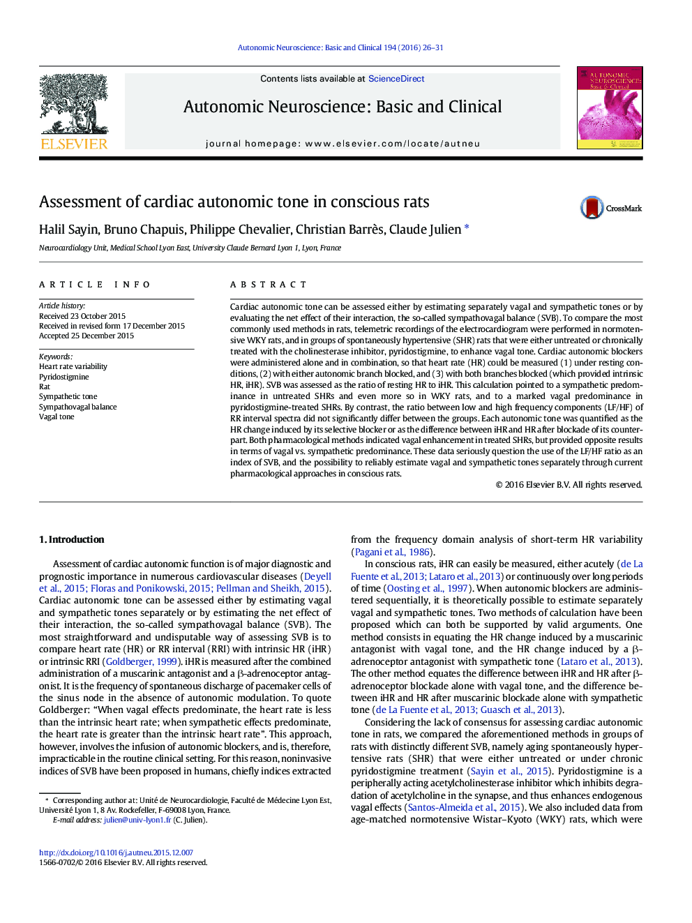 Assessment of cardiac autonomic tone in conscious rats