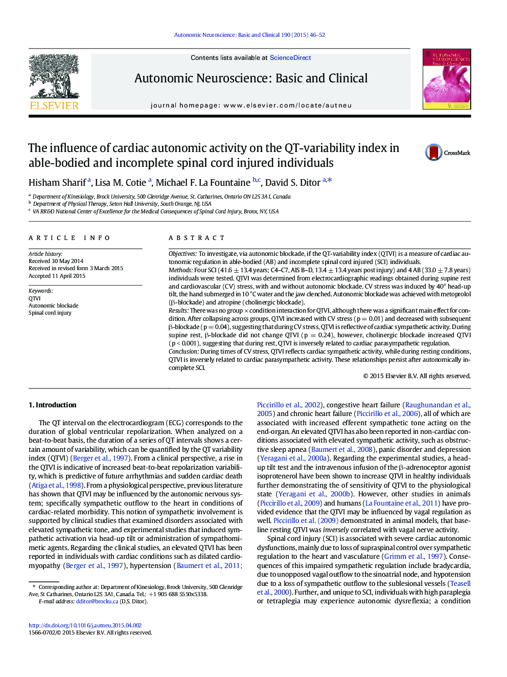 The influence of cardiac autonomic activity on the QT-variability index in able-bodied and incomplete spinal cord injured individuals