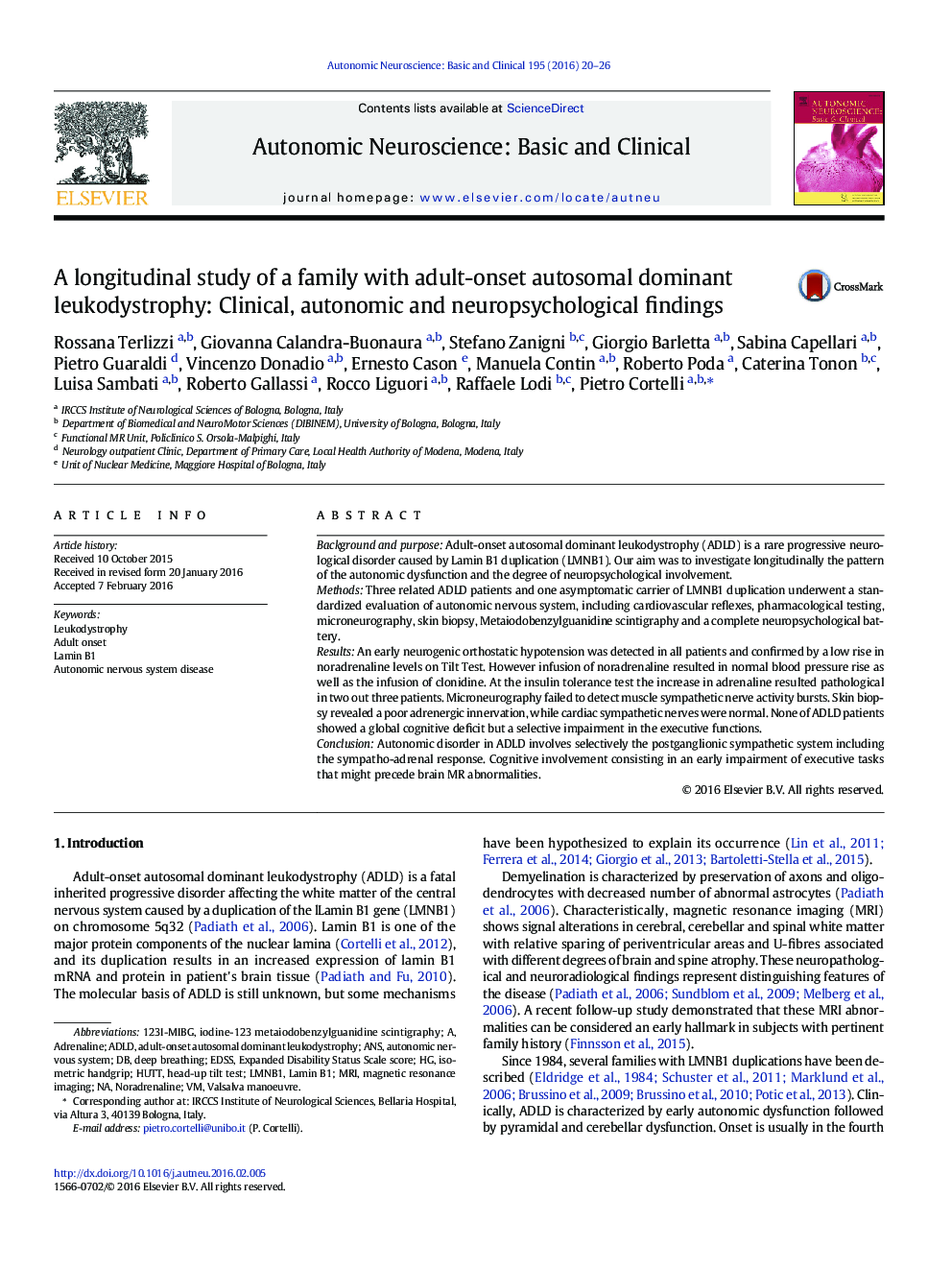 A longitudinal study of a family with adult-onset autosomal dominant leukodystrophy: Clinical, autonomic and neuropsychological findings