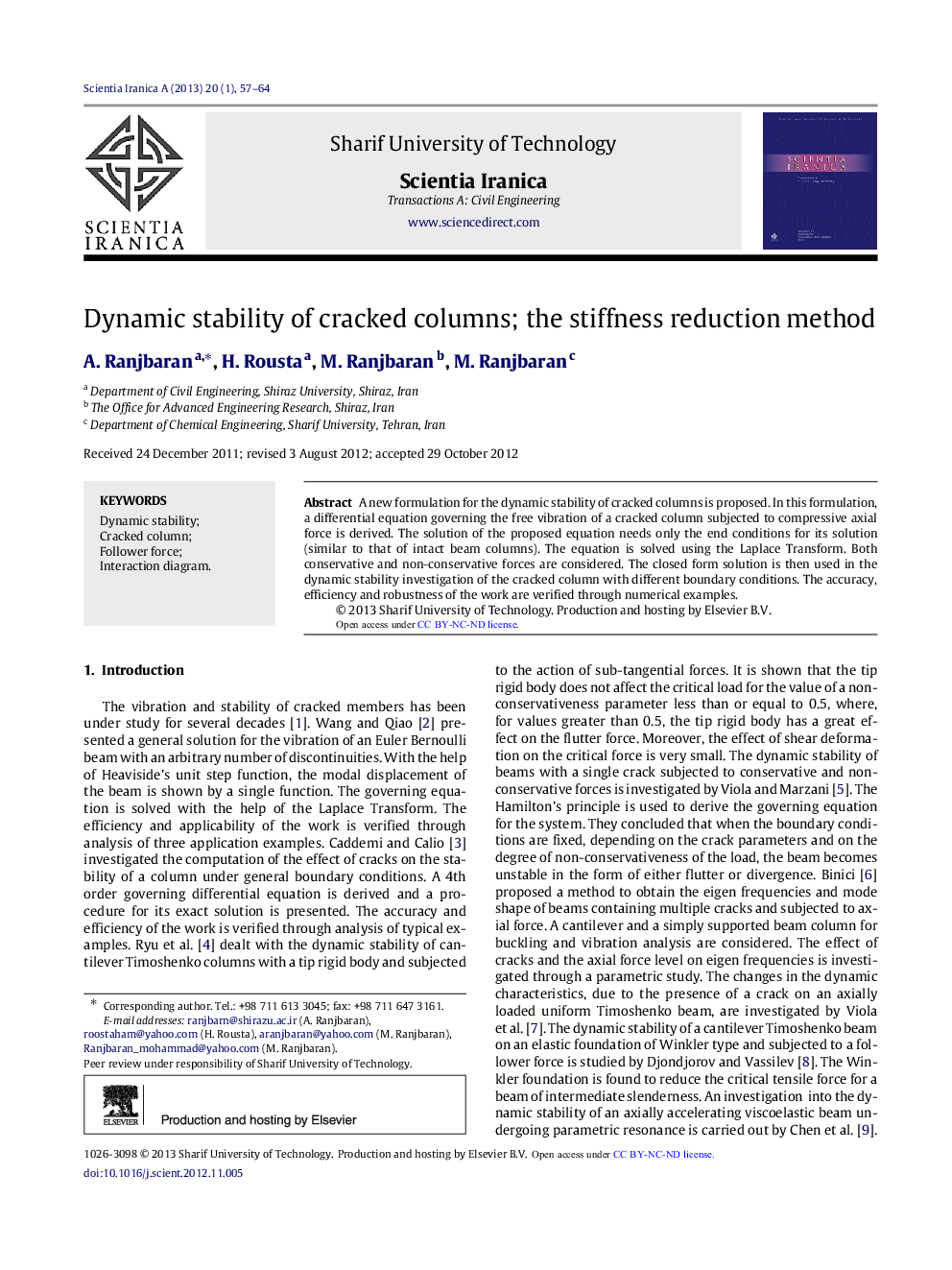 عکس صفحه اول مقاله: Dynamic stability of cracked columns; the stiffness reduction method Dynamic stability of cracked columns; the stiffness reduction method
