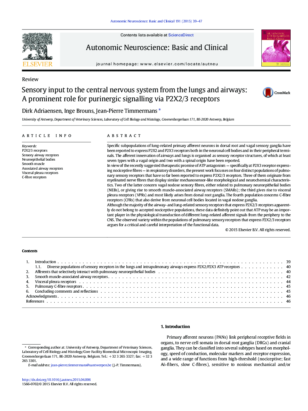 Sensory input to the central nervous system from the lungs and airways: A prominent role for purinergic signalling via P2X2/3 receptors