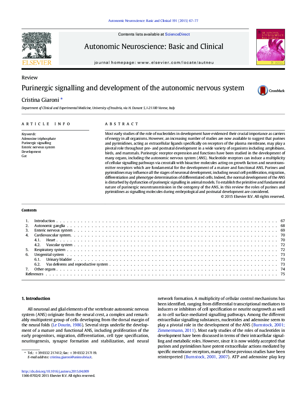 Purinergic signalling and development of the autonomic nervous system