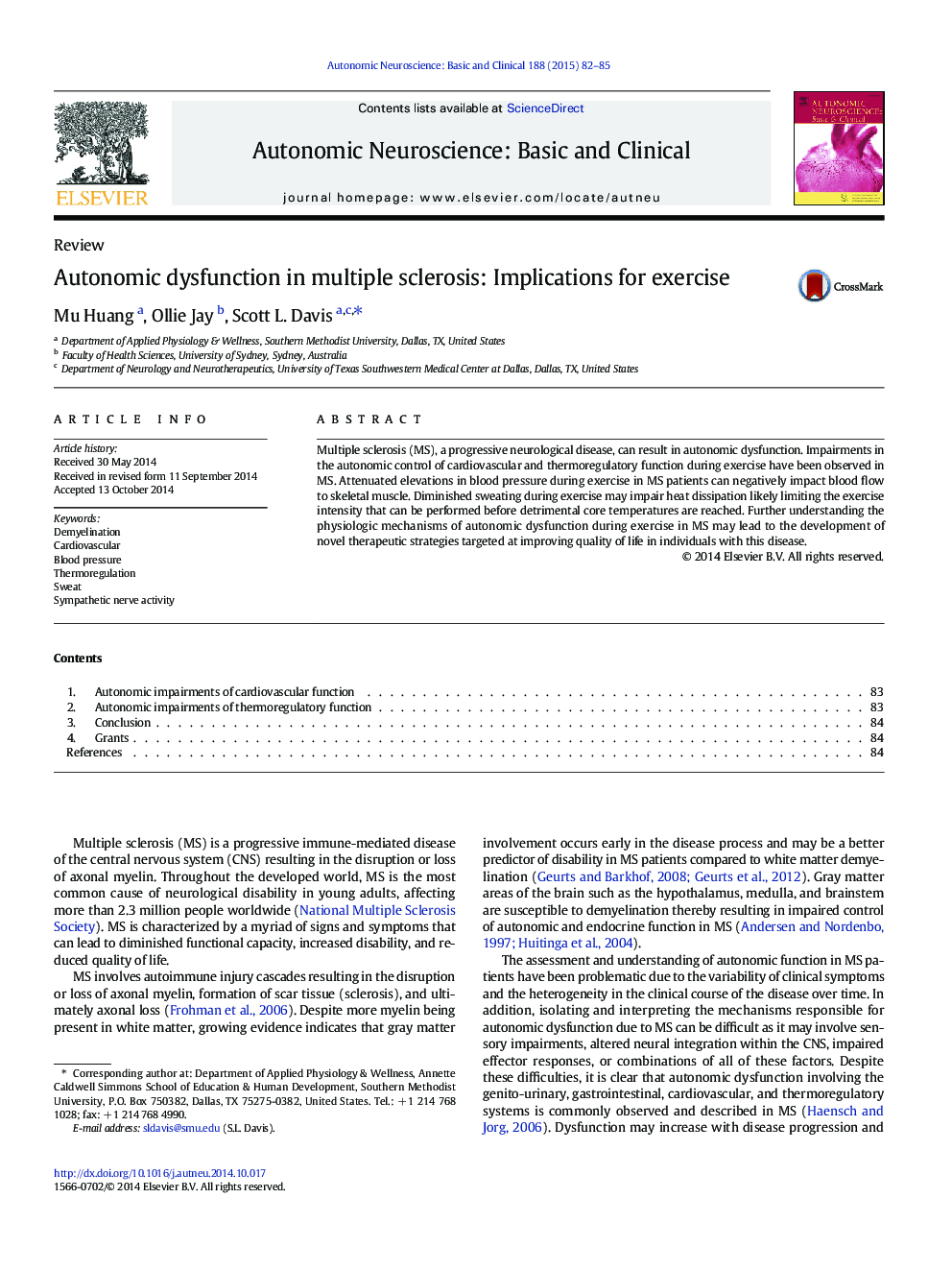 Autonomic dysfunction in multiple sclerosis: Implications for exercise