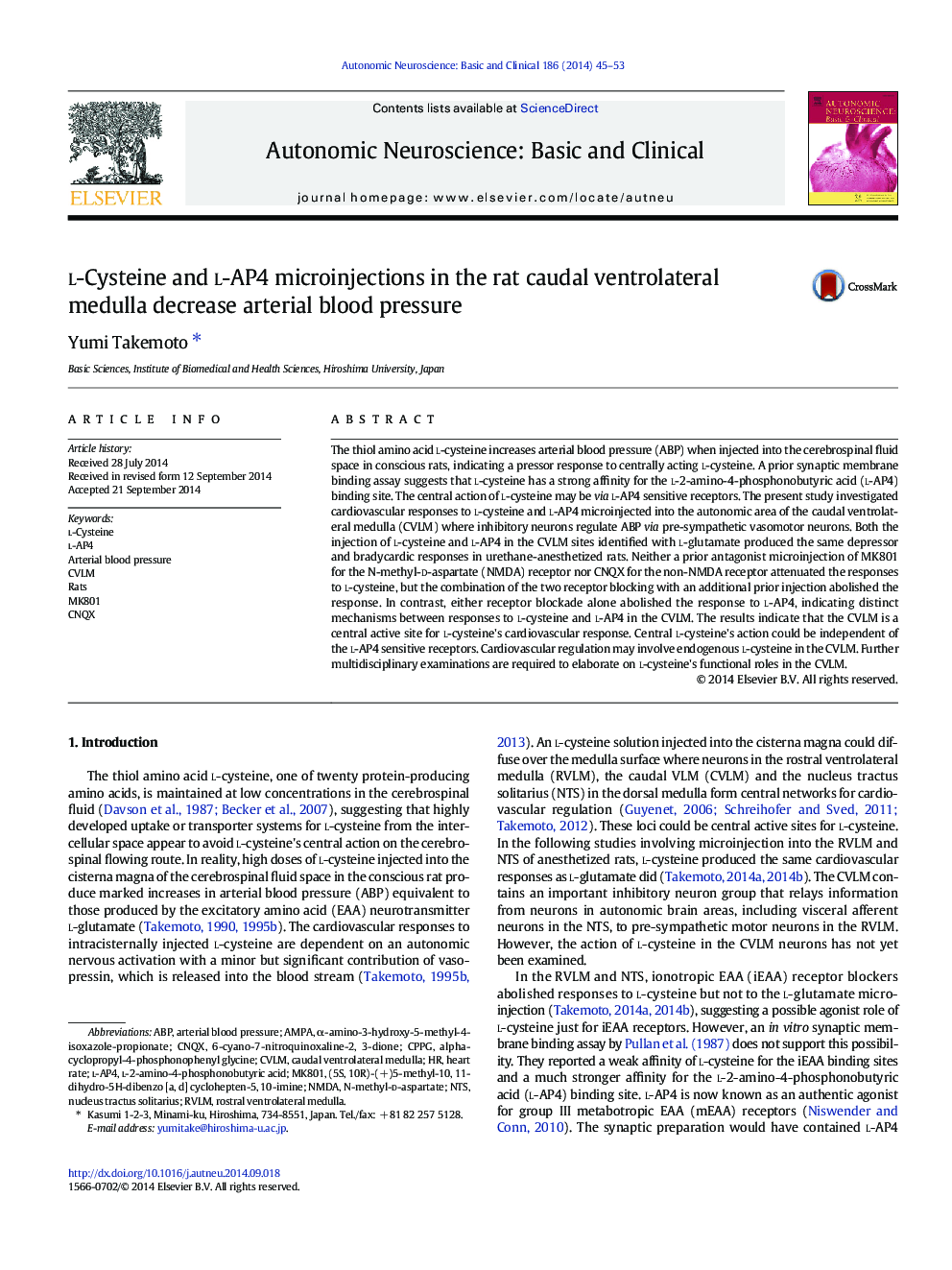 l-Cysteine and l-AP4 microinjections in the rat caudal ventrolateral medulla decrease arterial blood pressure