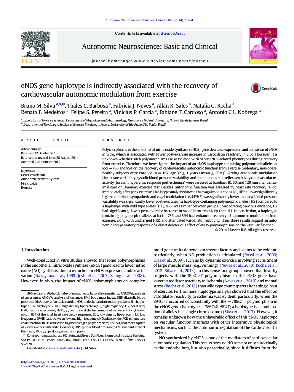 eNOS gene haplotype is indirectly associated with the recovery of cardiovascular autonomic modulation from exercise