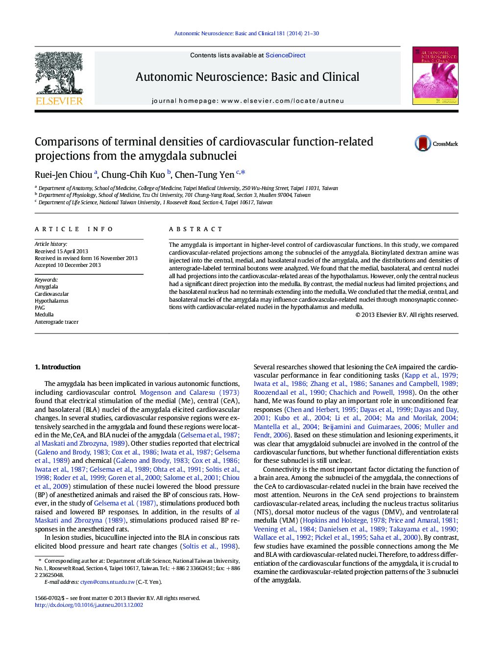 Comparisons of terminal densities of cardiovascular function-related projections from the amygdala subnuclei