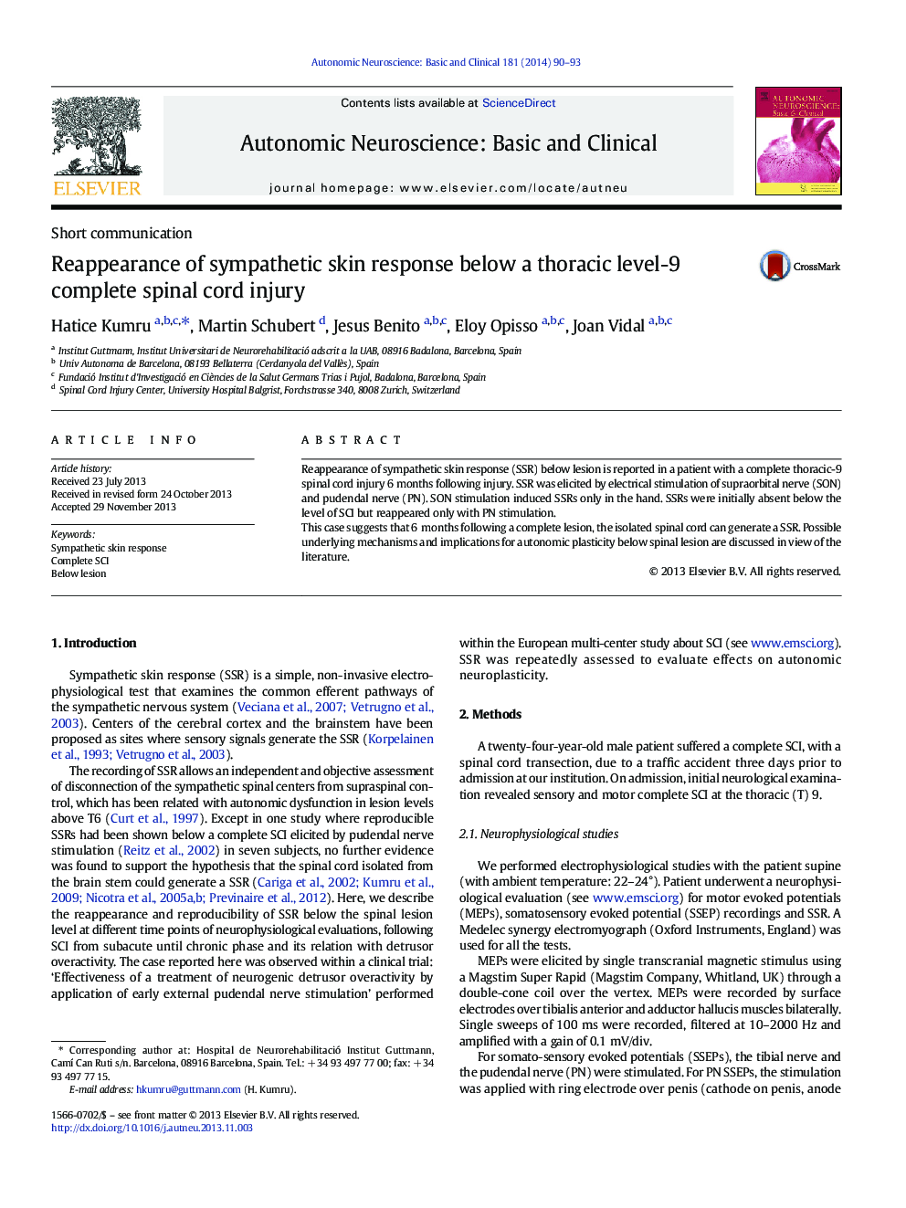 Reappearance of sympathetic skin response below a thoracic level-9 complete spinal cord injury