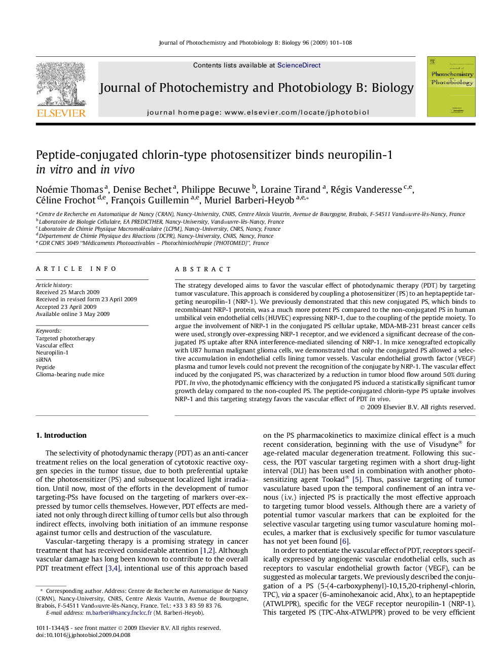 Peptide-conjugated chlorin-type photosensitizer binds neuropilin-1 in vitro and in vivo