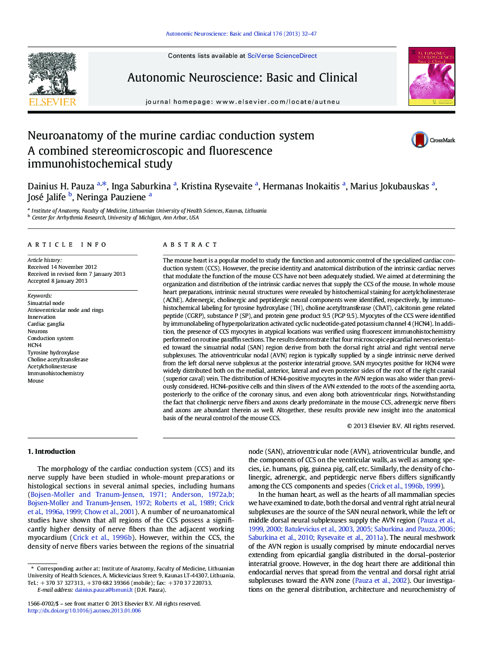 Neuroanatomy of the murine cardiac conduction system: A combined stereomicroscopic and fluorescence immunohistochemical study