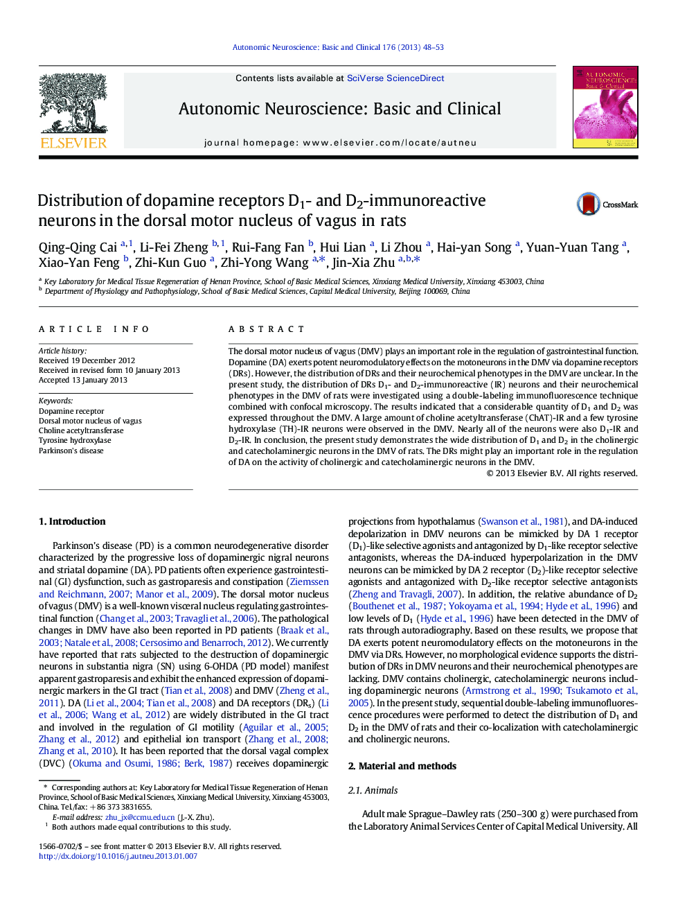 Distribution of dopamine receptors D1- and D2-immunoreactive neurons in the dorsal motor nucleus of vagus in rats