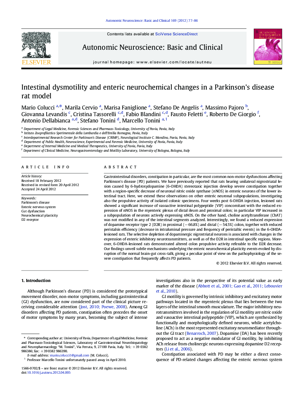 Intestinal dysmotility and enteric neurochemical changes in a Parkinson's disease rat model