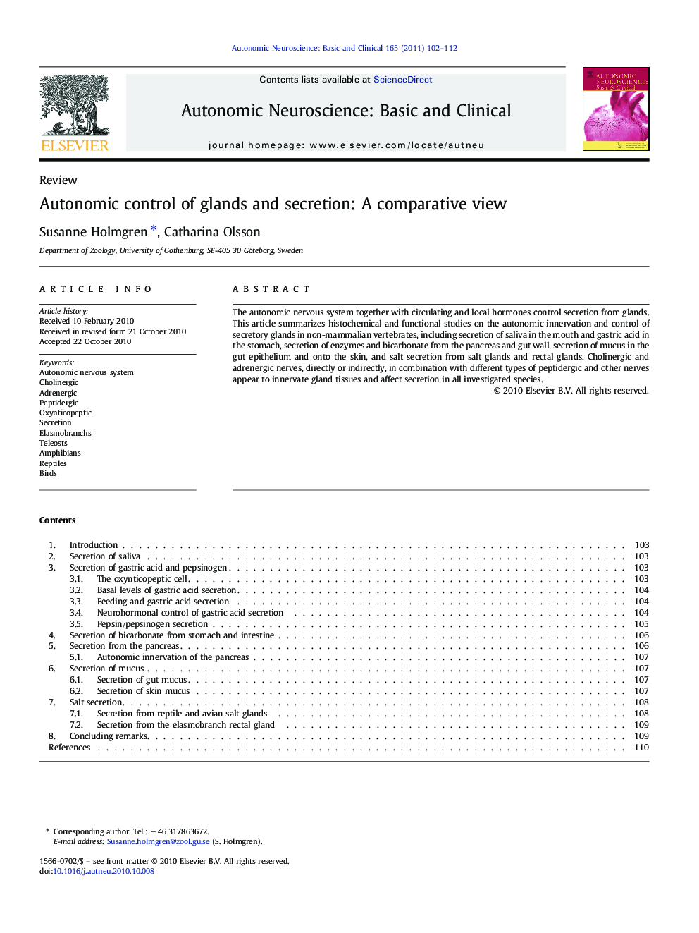 Autonomic control of glands and secretion: A comparative view